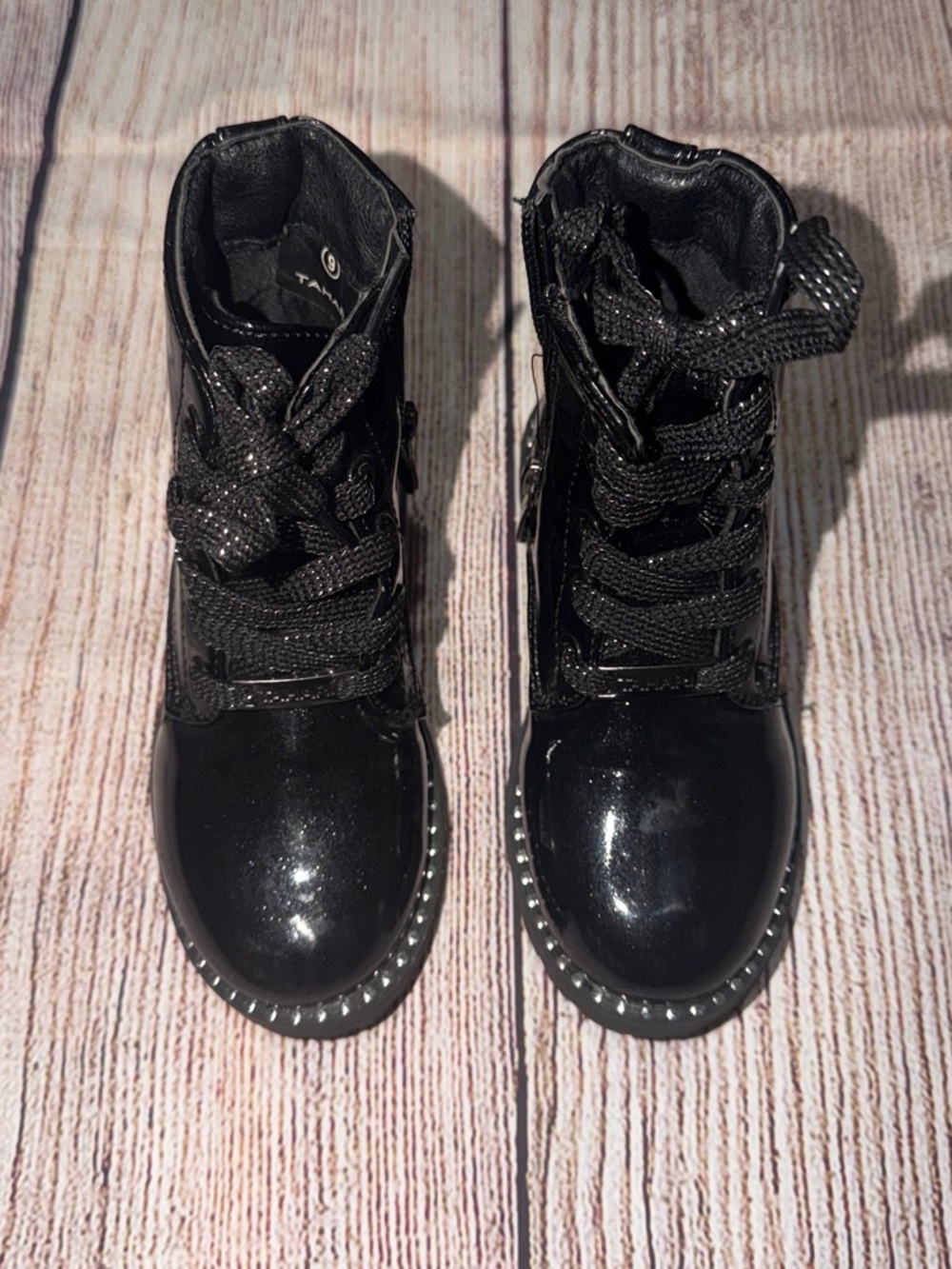 Tahari Black Patent Girls Lace-Up Boot with Stud Trim